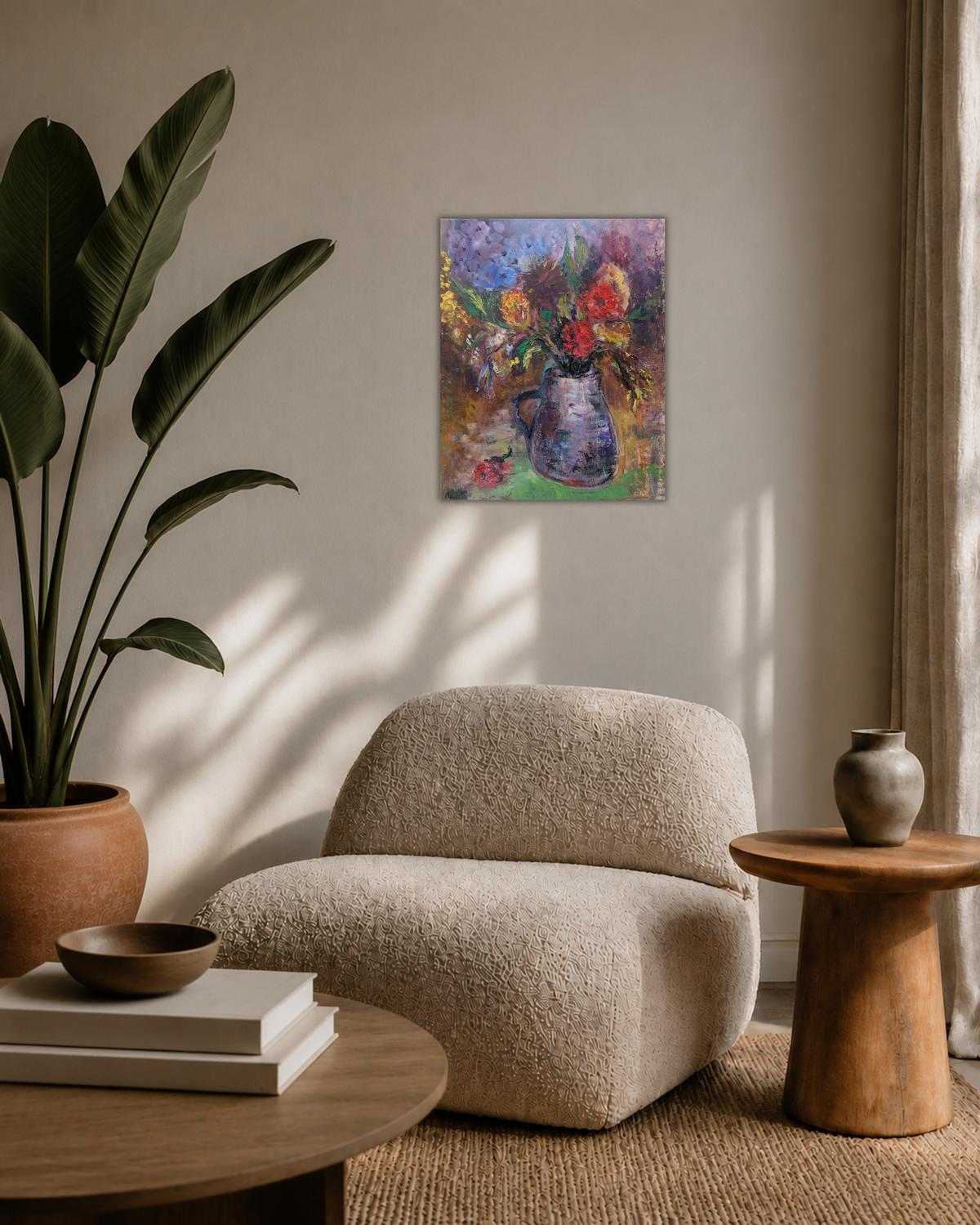 Autumn Bouquet in a Jug — shown in a living room setting