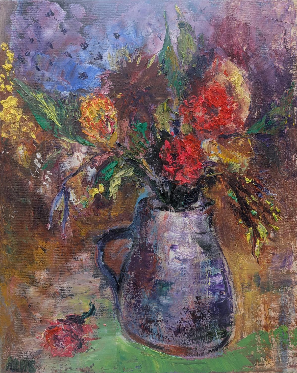 Autumn Bouquet in a Jug — original oil on canvas painting by Marina Arns, 50 × 40 cm