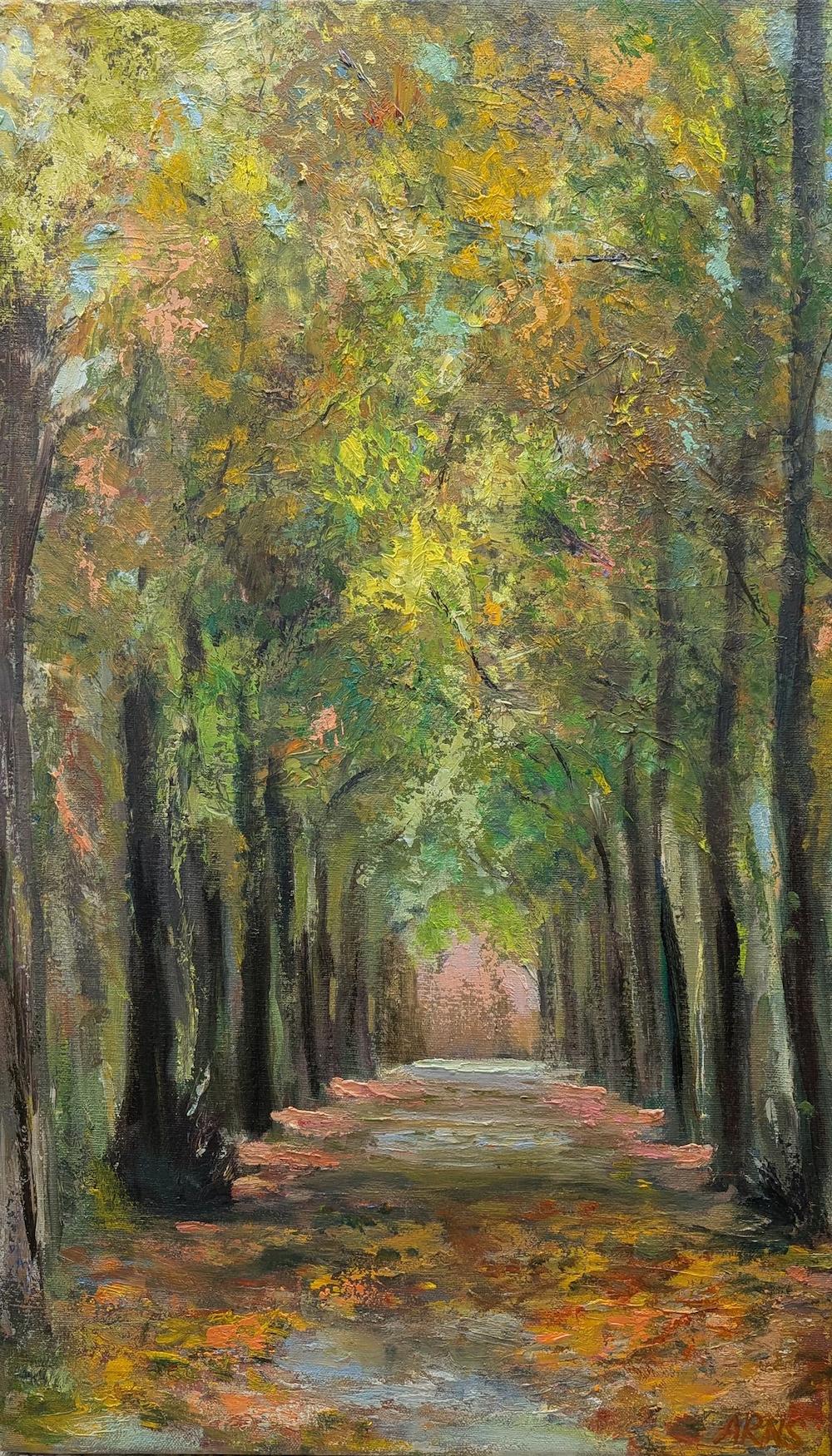 Avenue near Schloss Rheydt — original oil on canvas landscape painting by Marina Arns, 60 × 35 cm