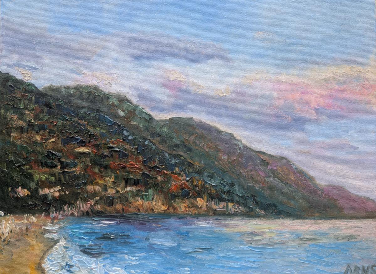 Beach at Ölüdeniz — original oil on canvas painting by Marina Arns, 40 × 30 cm