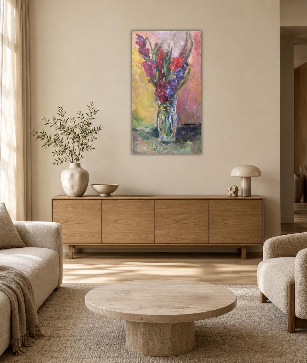 Gladiolas in a Vase — shown in a living room setting