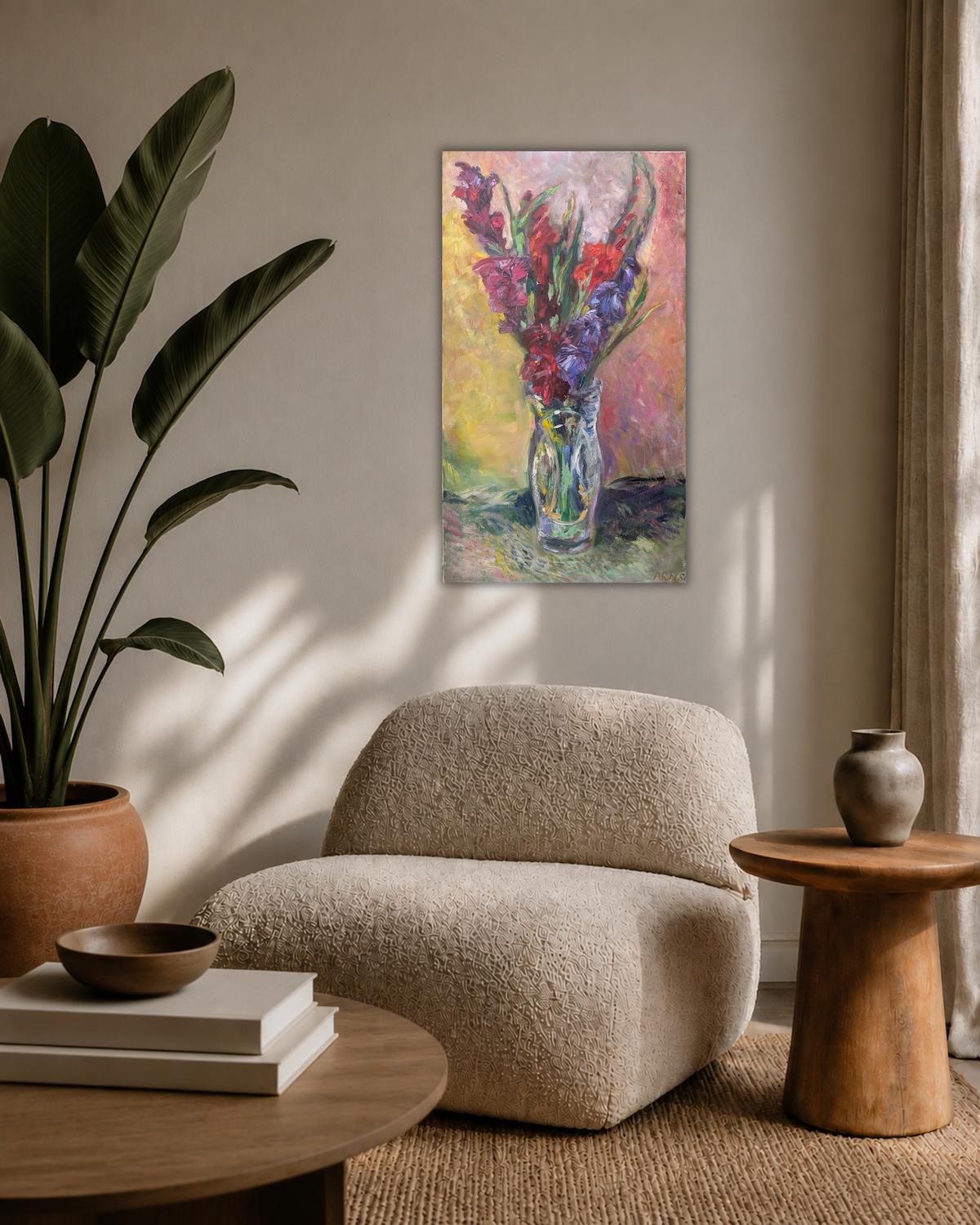 Gladiolas in Glass — shown in a living room setting