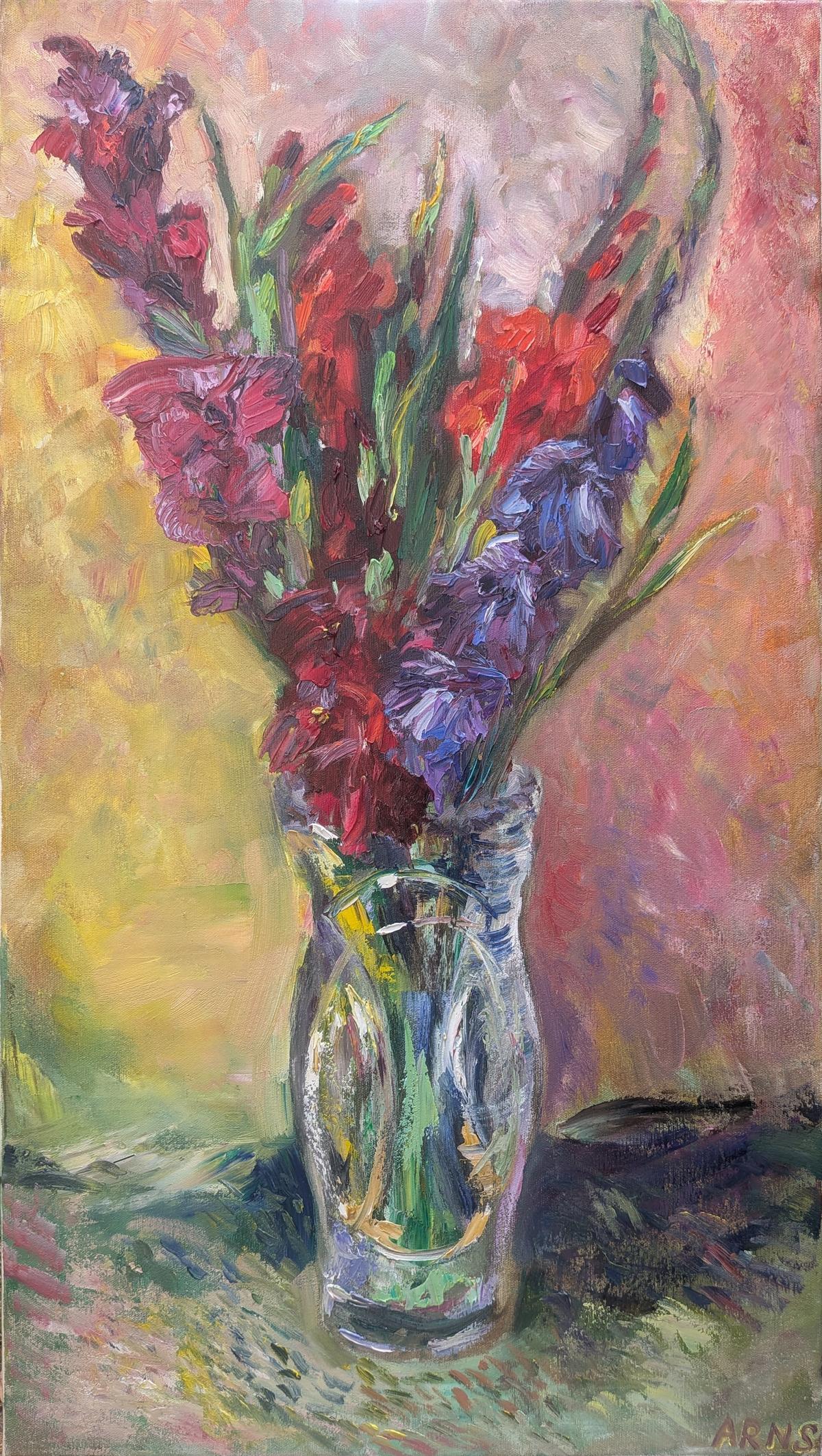 Gladiolas in Glass — original oil on canvas painting by Marina Arns, 80 × 45 cm