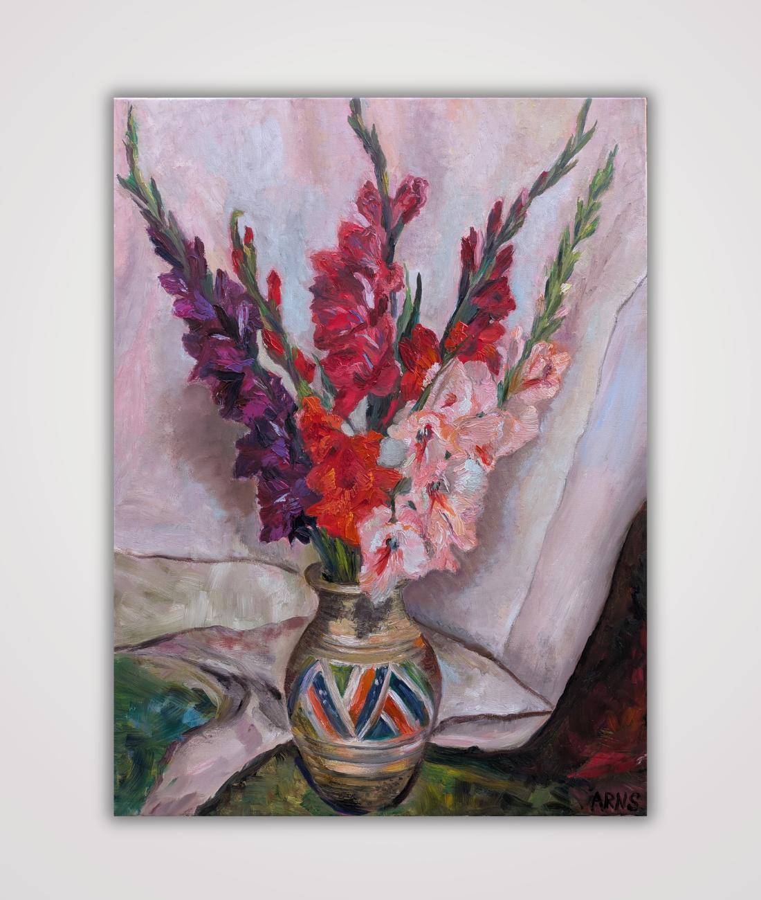 Gladiolas — original oil on canvas painting by Marina Arns, 80 × 60 cm