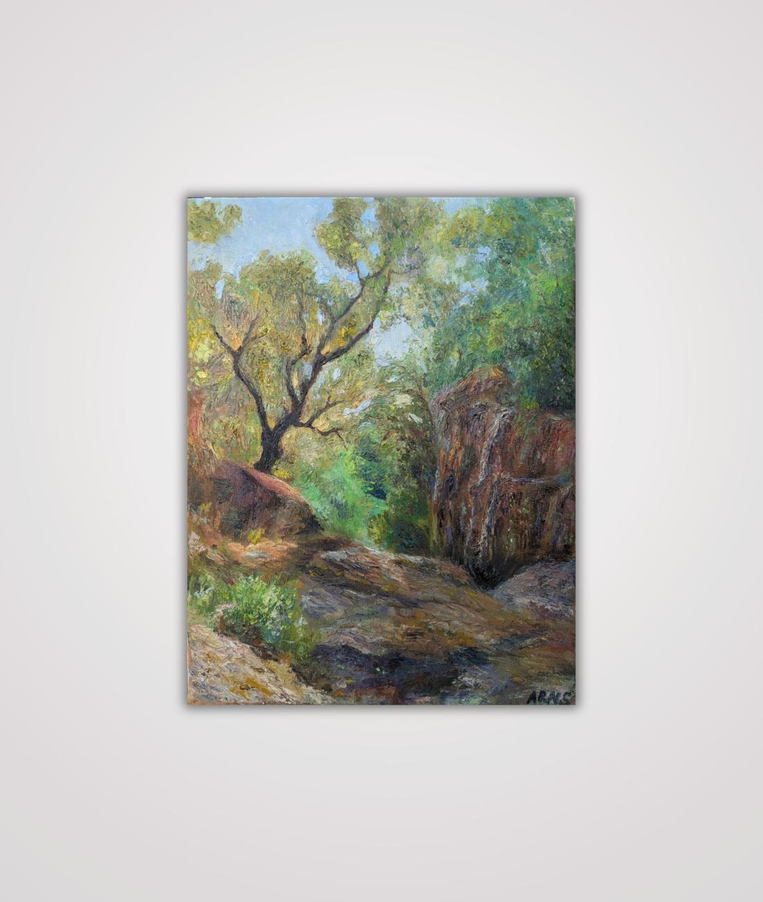 Gorge in Sardinia — original oil on canvas painting by Marina Arns, 32 × 42 cm