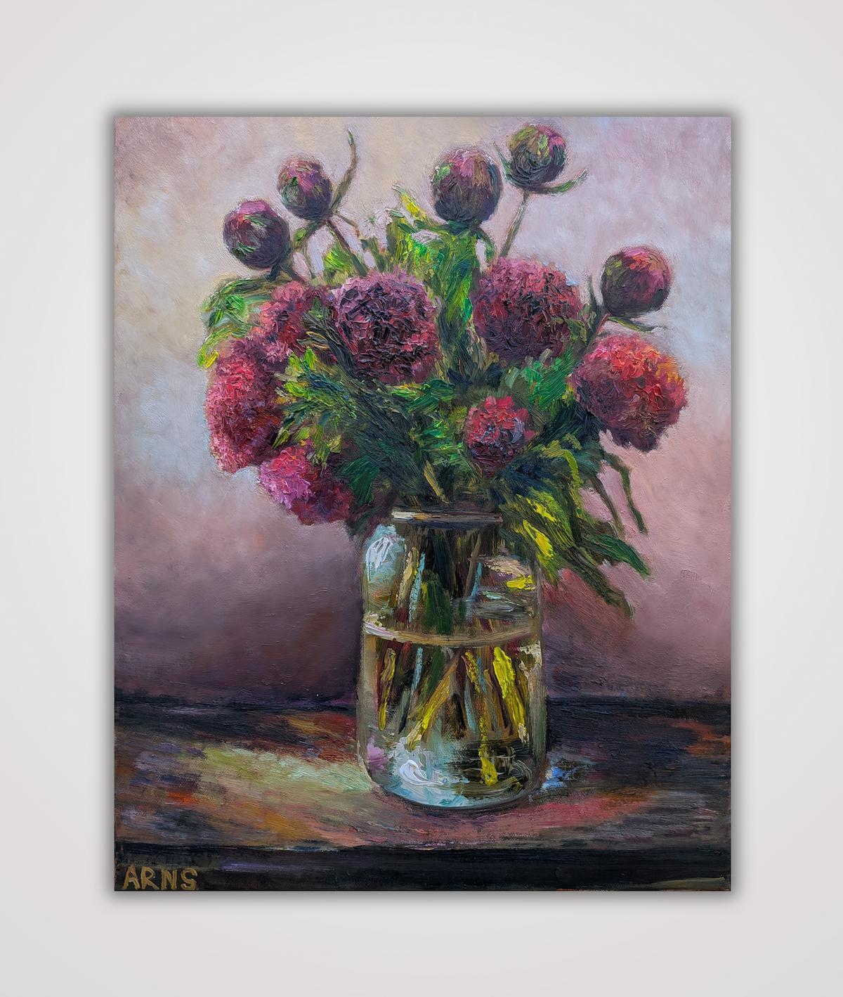 Peonies in a Glass Vase — Original-Ölgemälde von Marina Arns, 50 × 40 cm