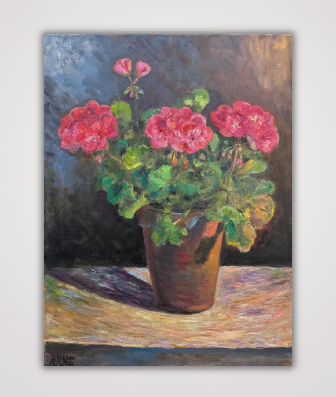 Pink Geraniums — Original-Ölgemälde von Marina Arns, 45 × 60 cm