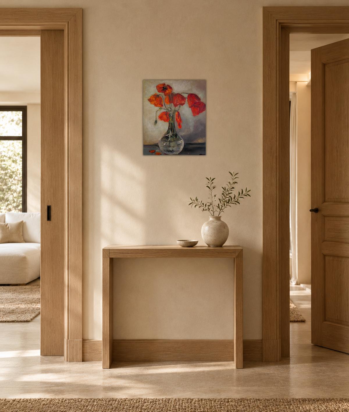 Poppies in Glass — shown in a living room setting