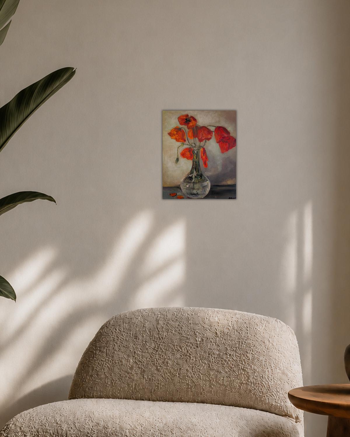 Poppies in Glass — shown in a living room setting