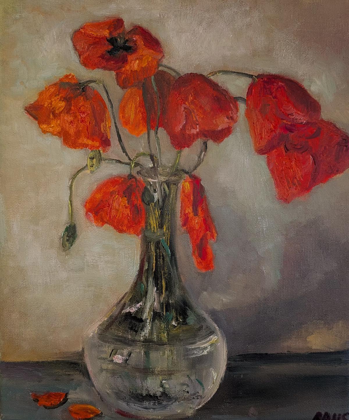 Poppies in Glass — original oil on canvas painting by Marina Arns, 30 × 25 cm