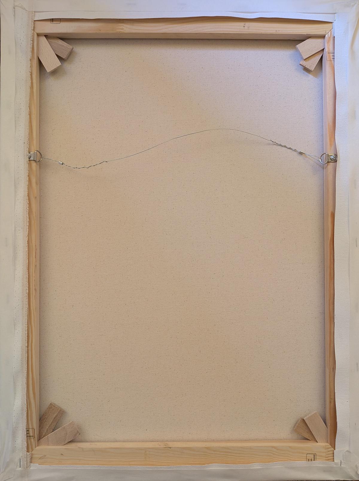 Red Geraniums — back of the stretched canvas, ready to hang