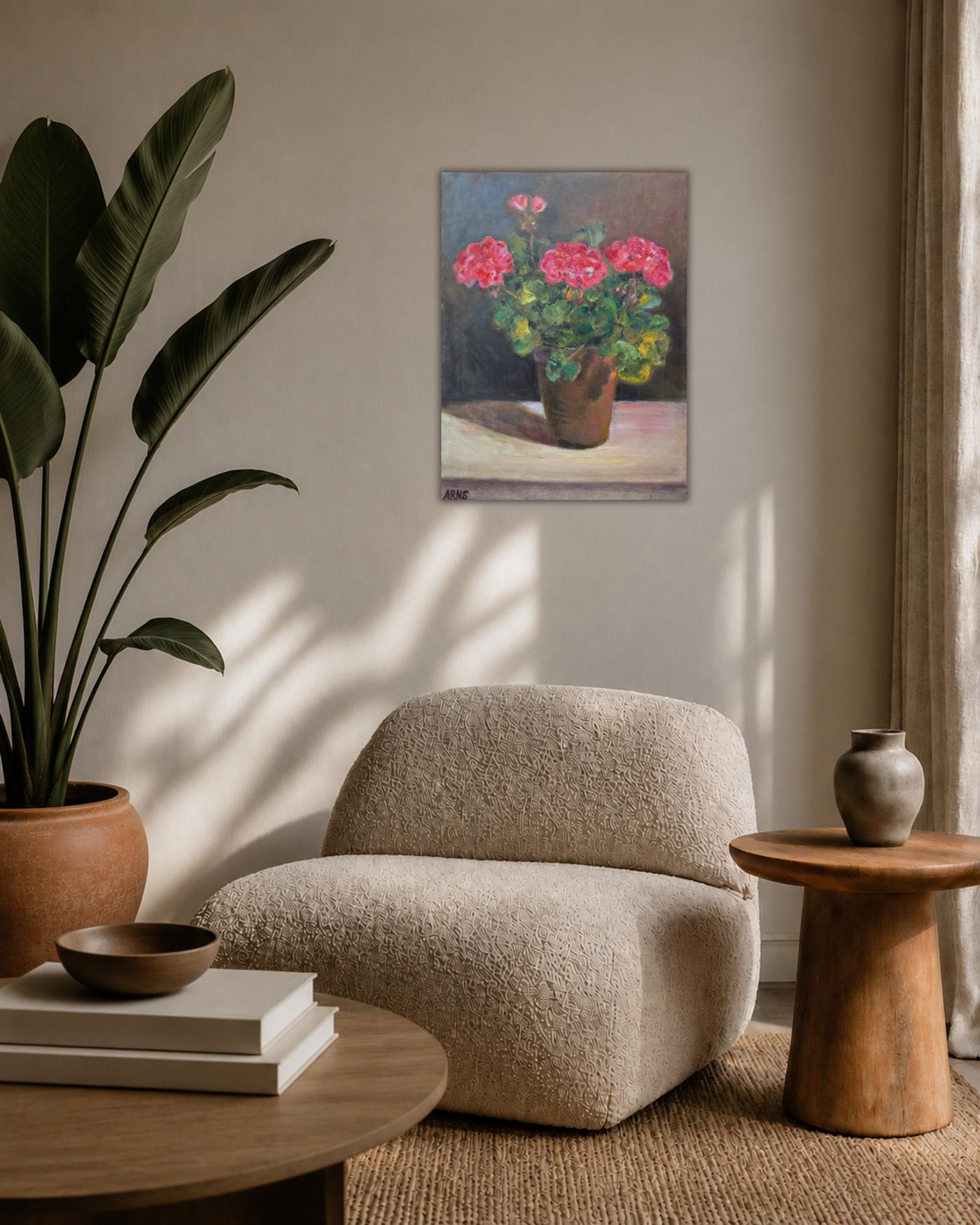 Red Geraniums — shown in a living room setting