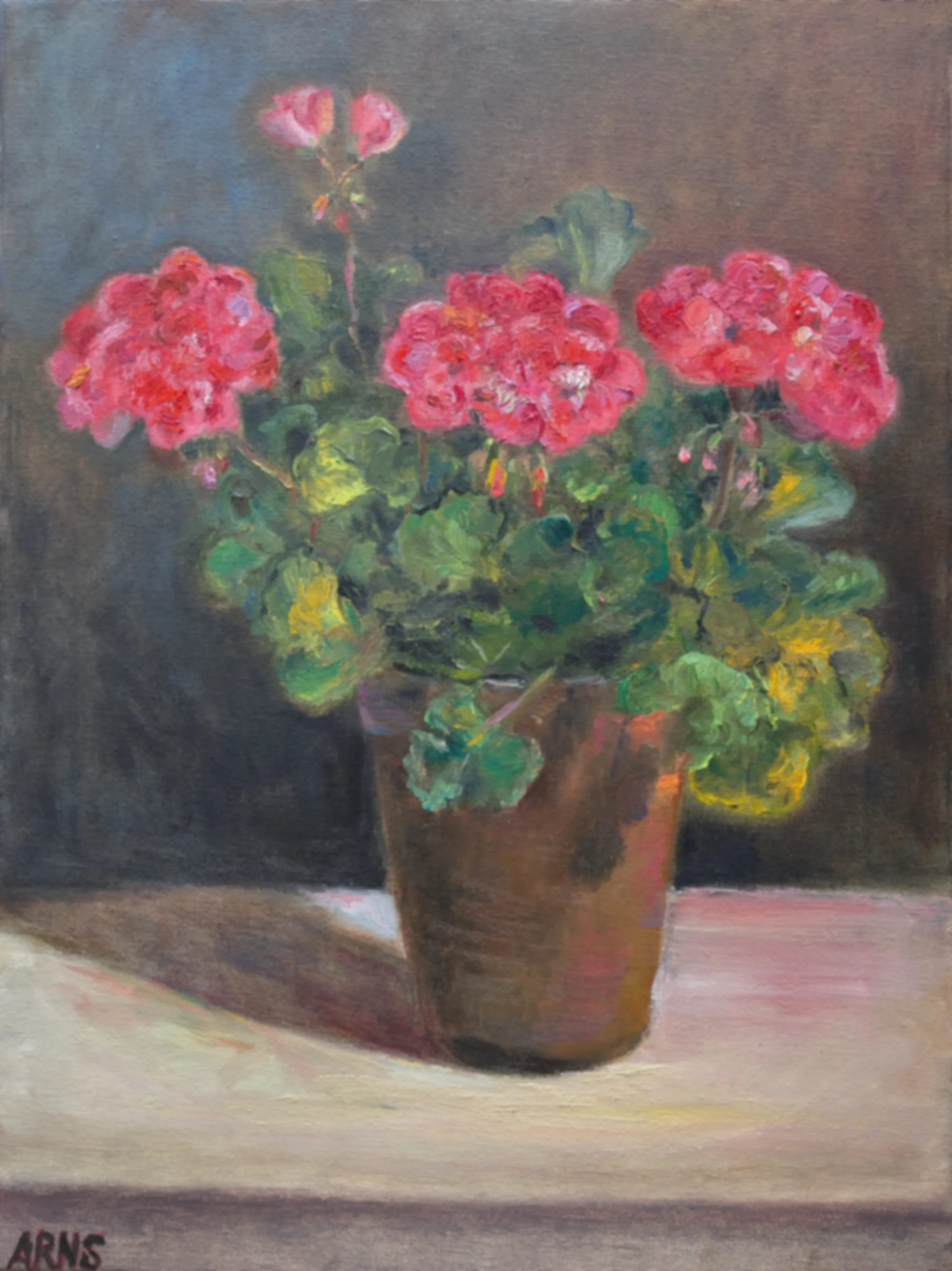 Red Geraniums — original oil on canvas painting by Marina Arns, 60 × 45 cm