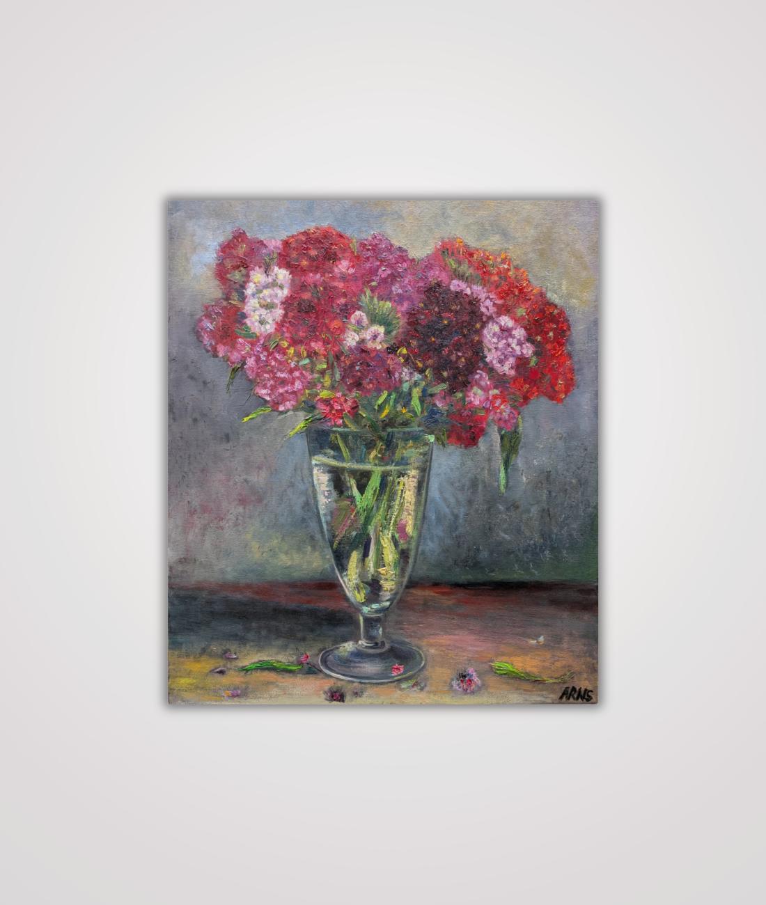 Sweet Williams in Glass — original oil on canvas painting by Marina Arns, 50 × 60 cm