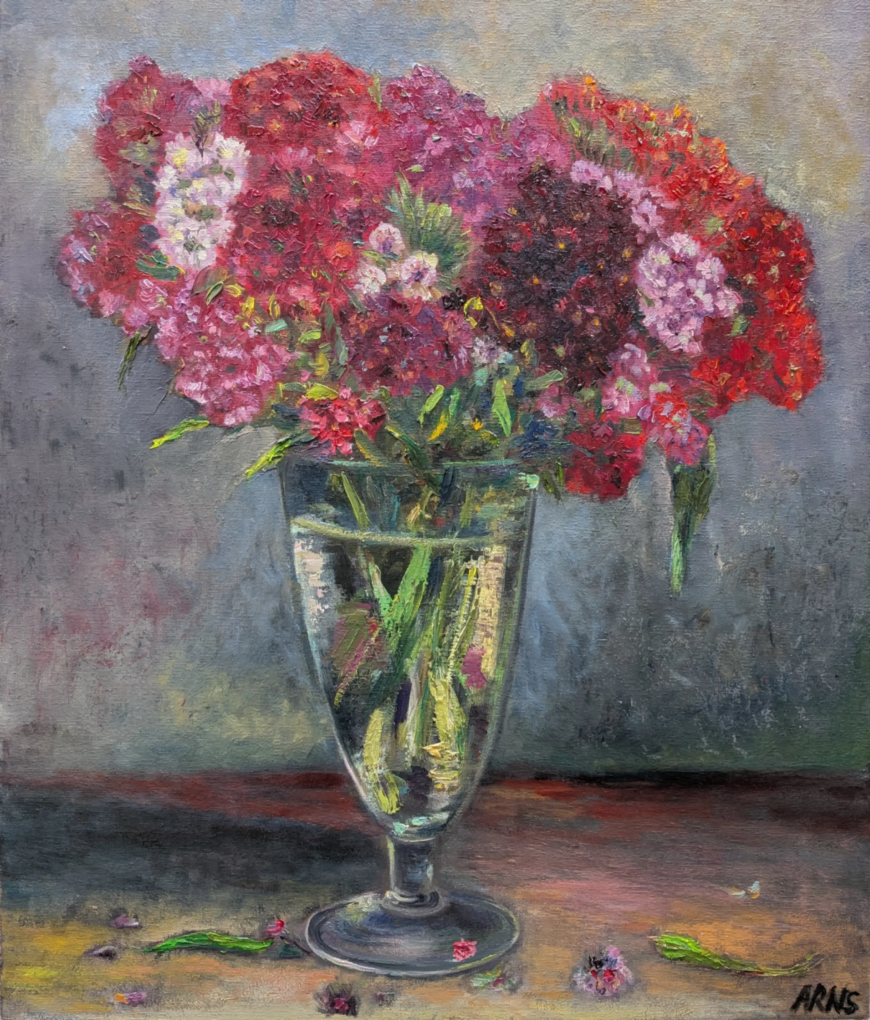 Sweet Williams in Glass — original oil on canvas painting by Marina Arns, 60 × 50 cm