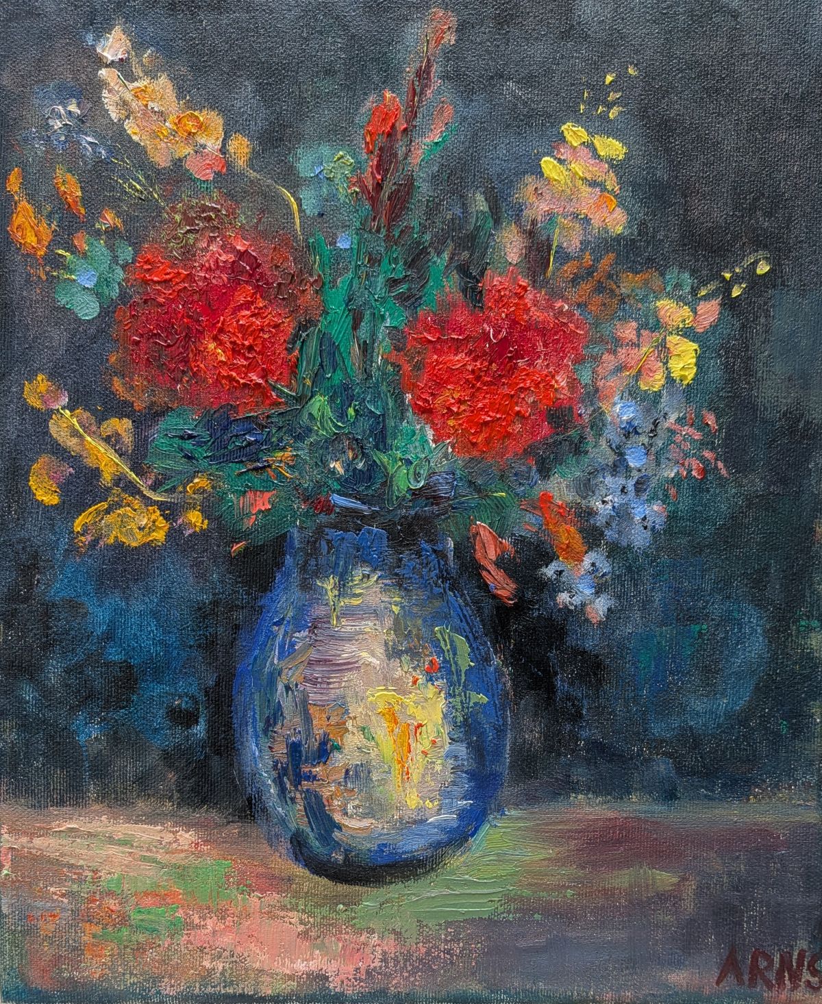 Wild Bouquet in Blue — original oil on canvas painting by Marina Arns, 30 × 25 cm