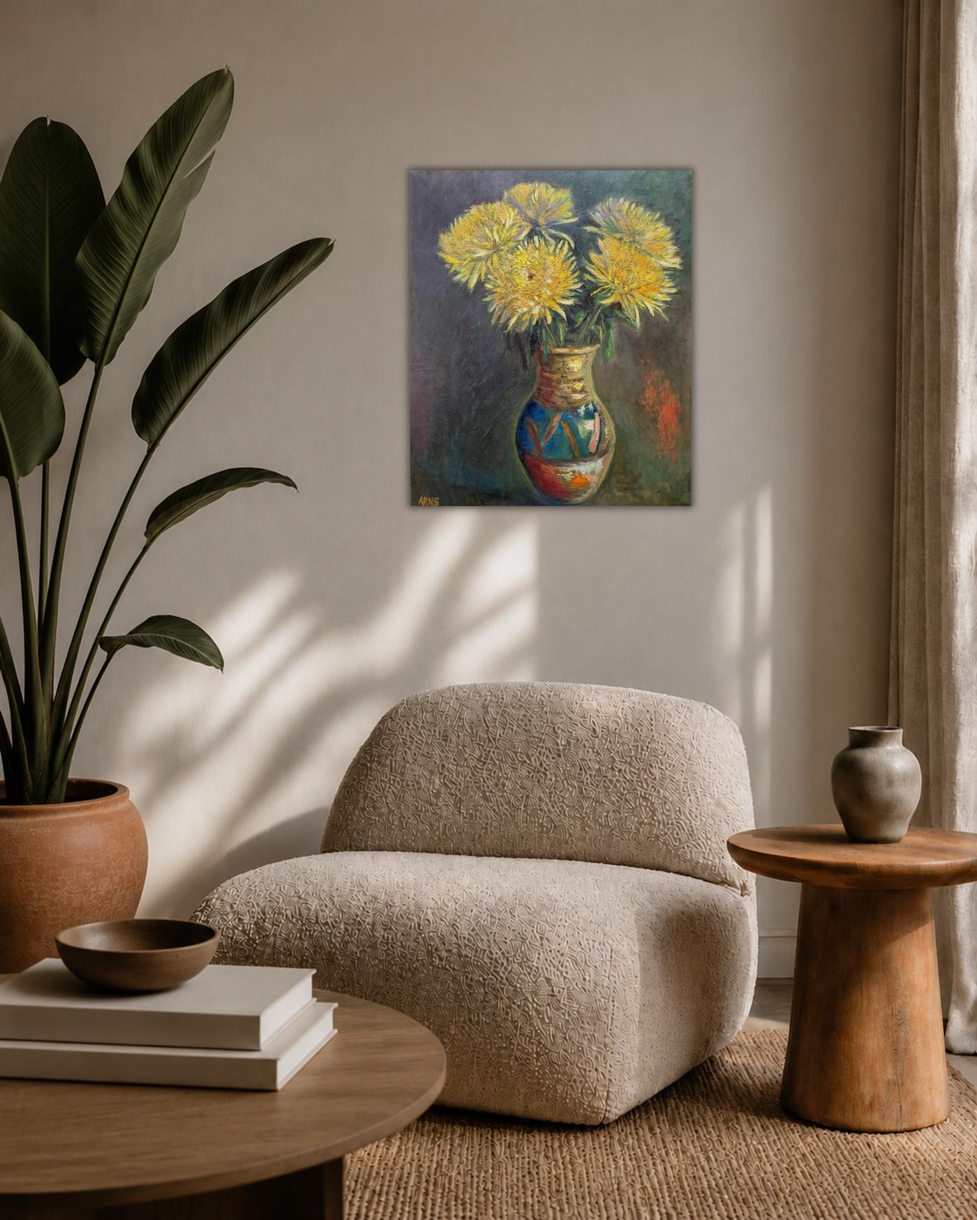 Yellow Chrysanthemums — shown in a living room setting