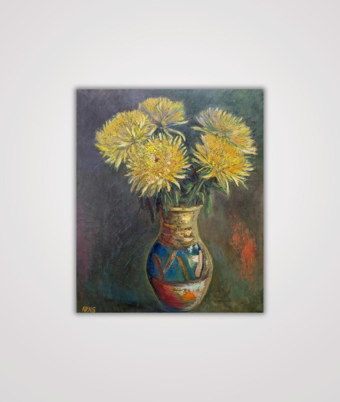 Yellow Chrysanthemums — original oil on canvas painting by Marina Arns, 50 × 60 cm