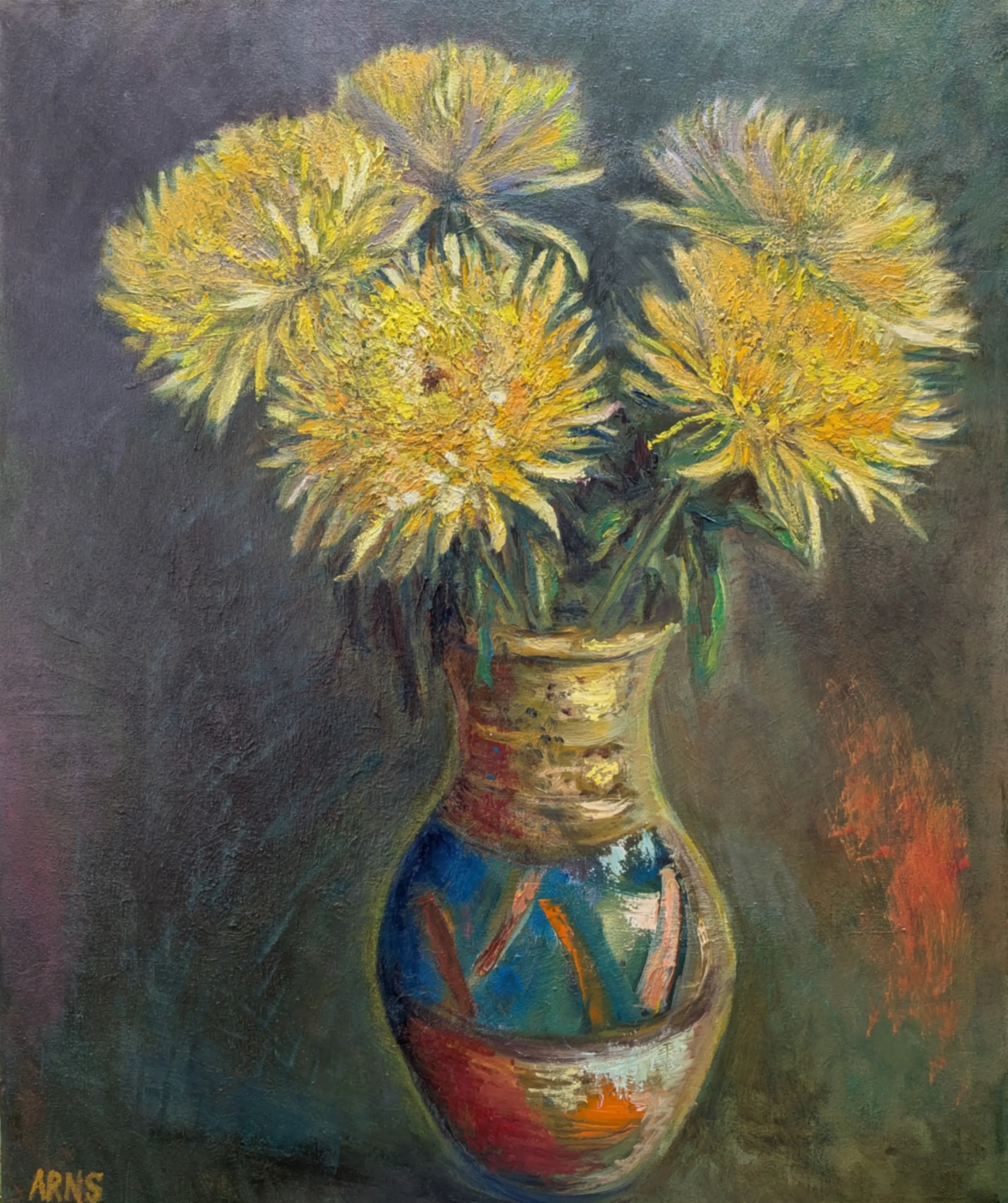 Yellow Chrysanthemums — original oil on canvas painting by Marina Arns, 60 × 50 cm